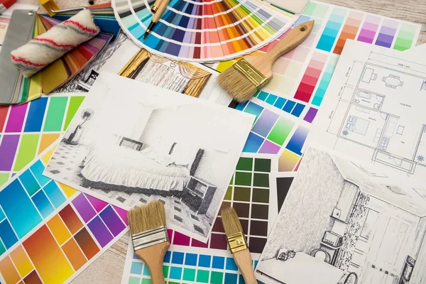 Disegno Moderno Schizzo Matita Una Stanza Progetto Interior Design Concept — Foto Stock