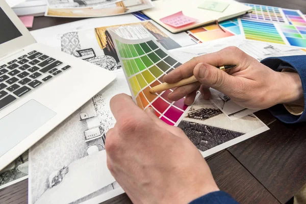 Designer Working Home Sketch Color Sampler Modern Interior Archtercture Project — Stock Photo, Image