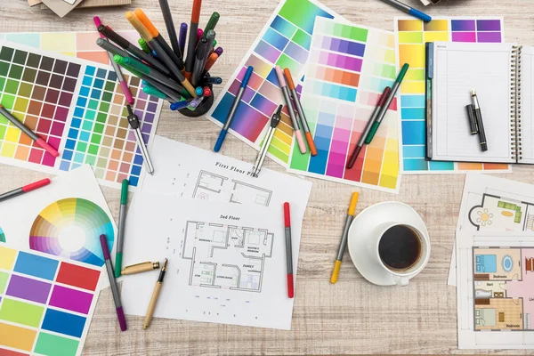 Top View Architectural Blueprints Material Sample Creative Desk — Stock Photo, Image