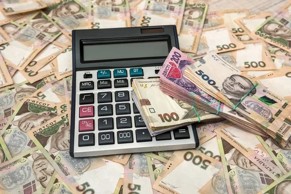 500 Facturi Grivnă Calculator Fundal Aproape Privire Sus — Fotografie, imagine de stoc