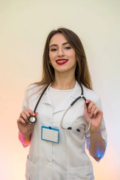 Cheerful Attractive Doctor Medical Uniform Posing Stethoscope Badge Hospital — Stock Photo, Image