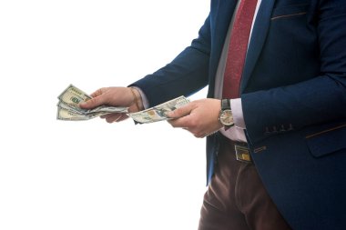 Başarılı bir iş adamı Amerikan dolarını beyaz arka planda tutuyor.