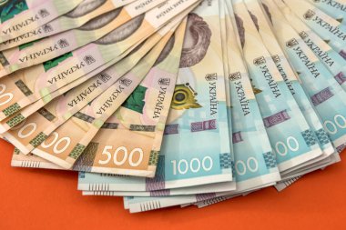 Ukrayna parası, kırmızıda izole edilmiş 1000 ve 500 yeni banknot. Hryvnia (UAH.) Mali ve para geçmişi.