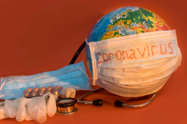Novel Coronavirus Wuhan 2019 Ncov Earth Globe Stethoscope Mask Virus — Stock Photo, Image