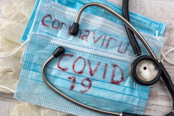 Orvosi Védőmaszk Corona Virus Covid Koronavírus Egészségügyi Sztetoszkóp Járvány — Stock Fotó