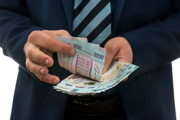 Man Suit Counts Profits Men Hands Convert Hryvnia 1000 New — Stock Photo, Image