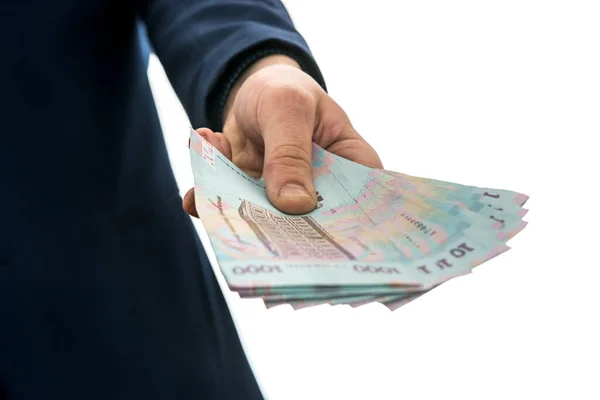Hombre Negocios Soborno Paga Aislamiento Uah 1000 Billetes Nuevos Dinero — Foto de Stock