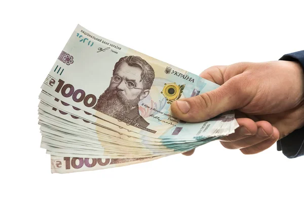 Geschäftsmann Besticht Oder Bezahlt Isoliert Uah 1000 Neue Banknoten Ukrainisches — Stockfoto