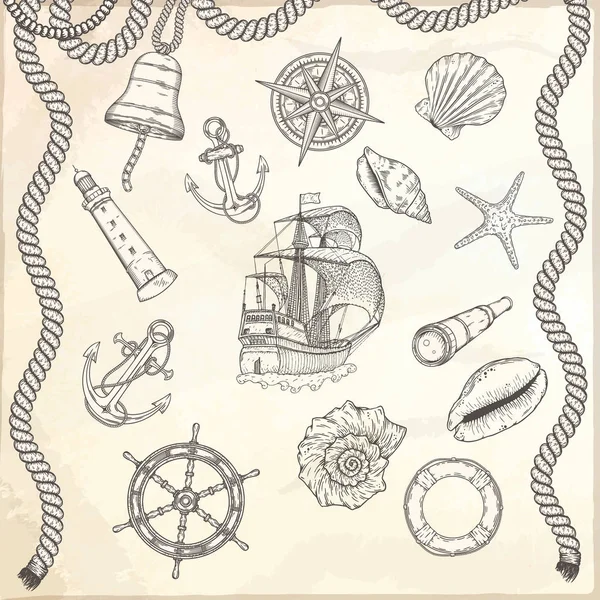 Ilustraciones náuticas dibujadas a mano . — Archivo Imágenes Vectoriales