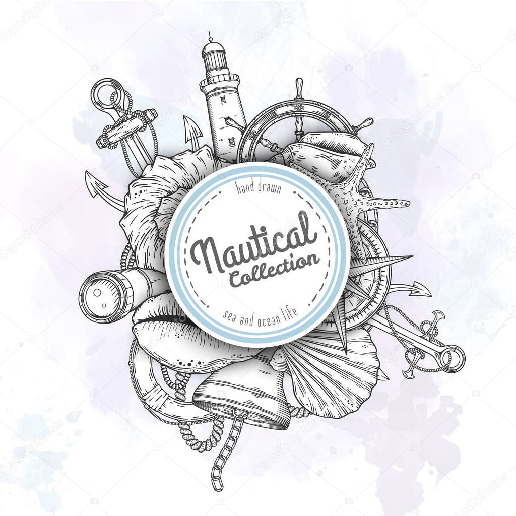 Hand drawn nautical illustrations. Vector marine objects.