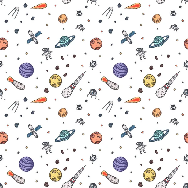 Hand drawn astronomy doodle seamless pattern.