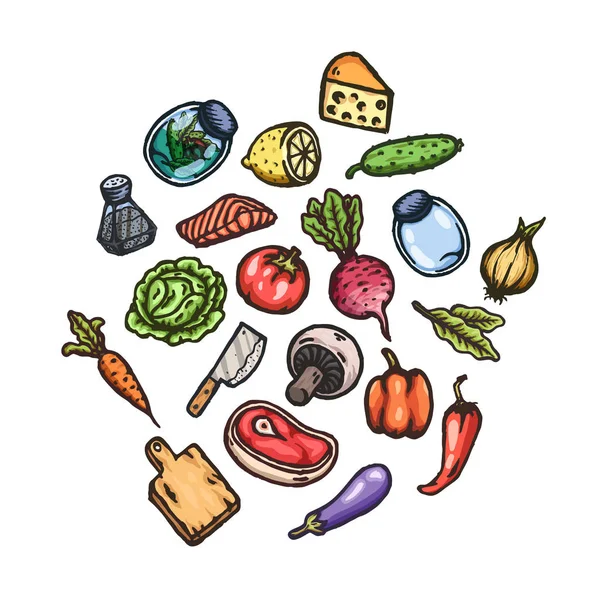 Набор ручной работы карикатурные изображения продуктов питания и кухонной утвари . — стоковый вектор