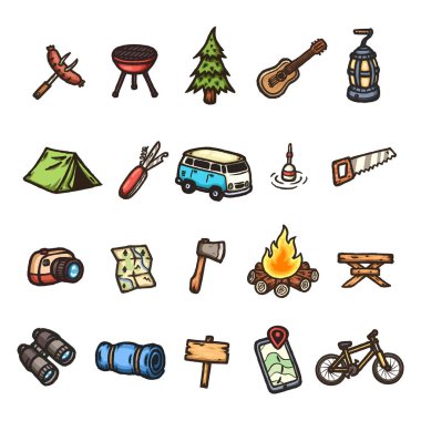 Elle çizilmiş simgeler kamp kümesi.