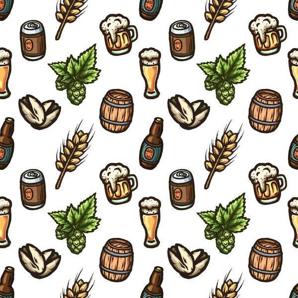 Modello senza cuciture disegnato a mano su un tema di birra . — Vettoriale Stock