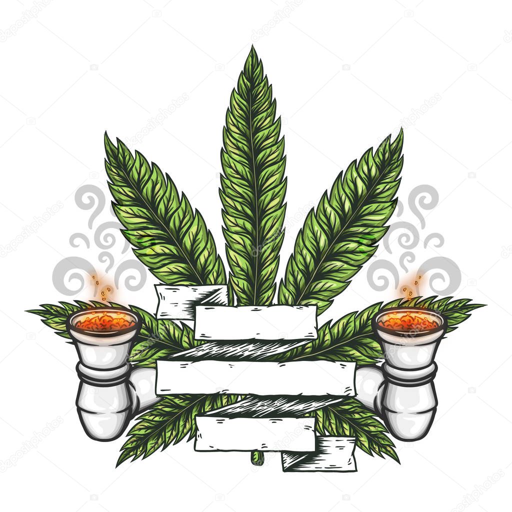 Cannabis leaf with pipe. Hand drawn isolated vector illustration.