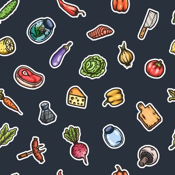 食品及び食器類の手描き下ろし漫画シームレス パターン. — ストックベクタ