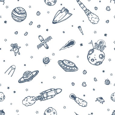 Elle çizilmiş astronomi doodle seamless modeli.