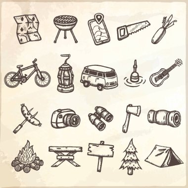 Elle çizilmiş simgeler kamp kümesi.