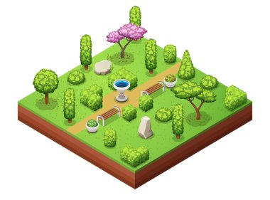 İzometrik ağaçlar ve park nesneleri koleksiyonu.