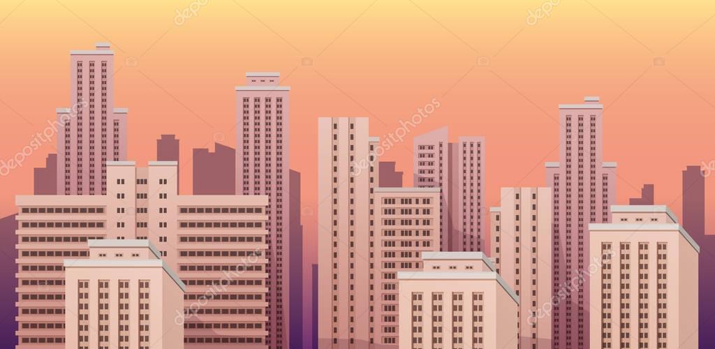 City landscape at sunset seamless vector illustration.