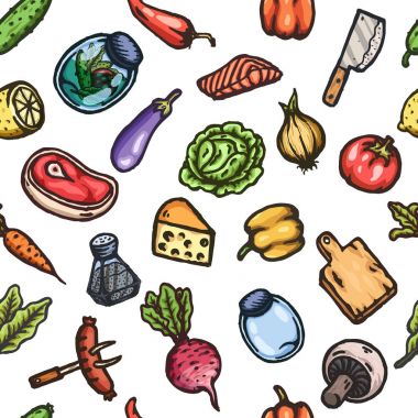 Elle çizilmiş karikatür seamless modeli yemek ve mutfak şeyler.