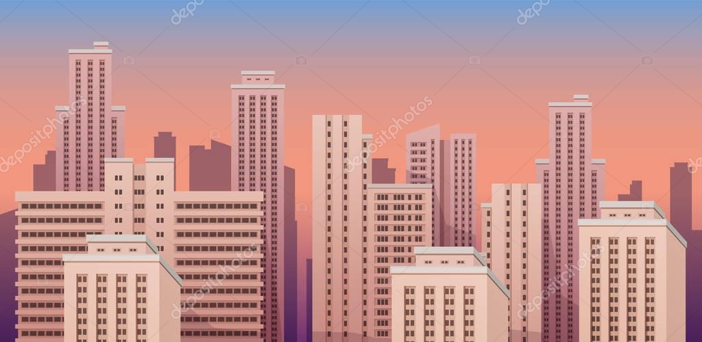 City landscape at sunset seamless vector illustration.