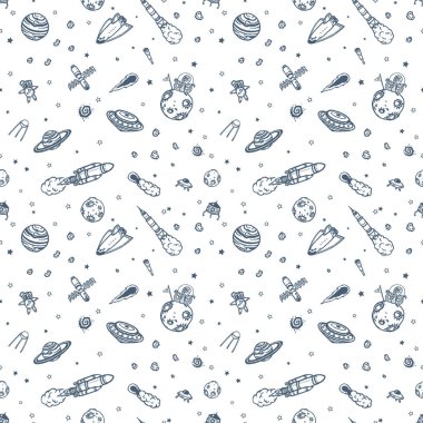 Elle çizilmiş astronomi doodle seamless modeli.