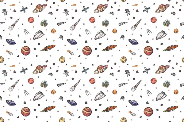 Hand drawn astronomy doodle seamless pattern.