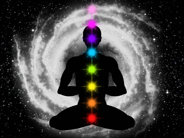 Silueta de meditación humana en el espacio. Espacio infinito. Yoga ma — Foto de Stock