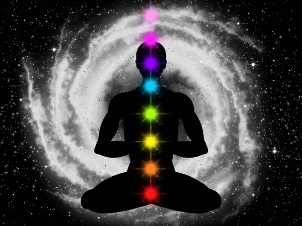 Silhouette of meditating human in space. Infinity space. Yoga ma