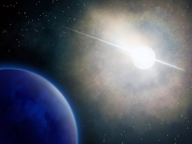 Süpernova patlaması. Yıldız patlaması. Uzayda felaket. Mavi gezegen. Yer illüstrasyonu.