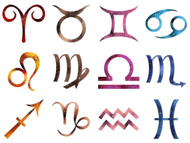 Zodiac ikonları. İçinde galaksi ve yıldızlar olan bir dizi burç. Beyaz bir arka planda izole edilmiş. Yüksek çözünürlük.