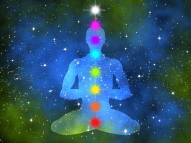 Uzayda meditasyon yapan insan silueti. Sonsuz uzay. Yogacı. Lotus asana. Çakra sembolleri. Yeşil ve mavi nebula ve yıldızlar.