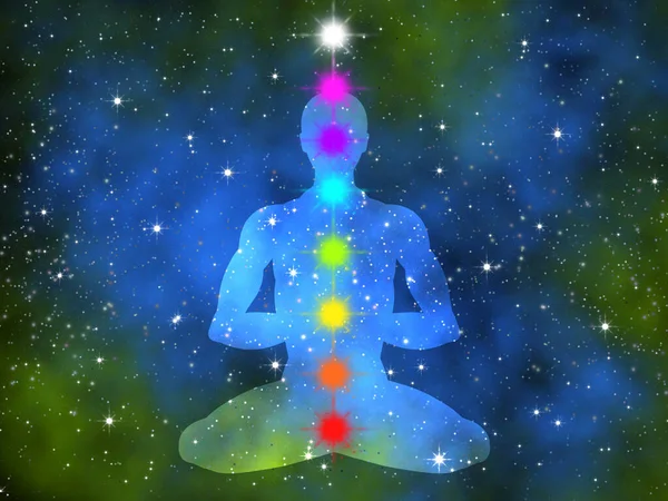 Uzayda meditasyon yapan insan silueti. Sonsuz uzay. Yogacı. Lotus asana. Çakra sembolleri. Yeşil ve mavi nebula ve yıldızlar.