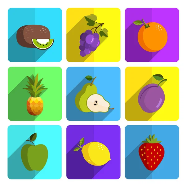 Kolorowe owoce zestaw ikon na jasnym tle — Wektor stockowy