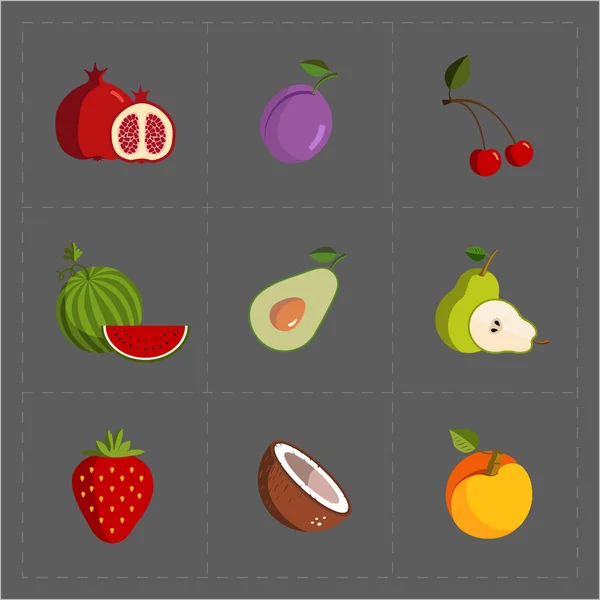 Kleurrijke Fruit Icon Set op grijze achtergrond — Stockvector