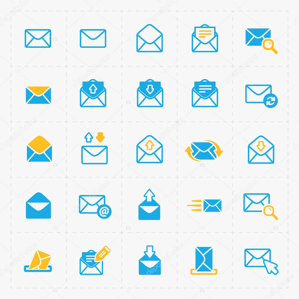 Email and envelope icons on White Background. 