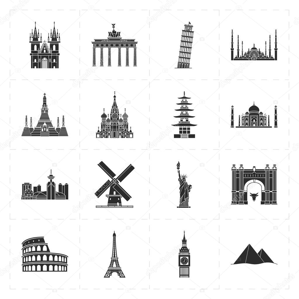 sixteen flat landmark icons 