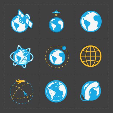 Koyu arka plan üzerinde dünya vector Icons set. 