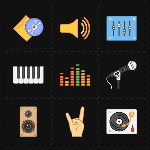 Neuf icônes universelles de musique plate — Image vectorielle