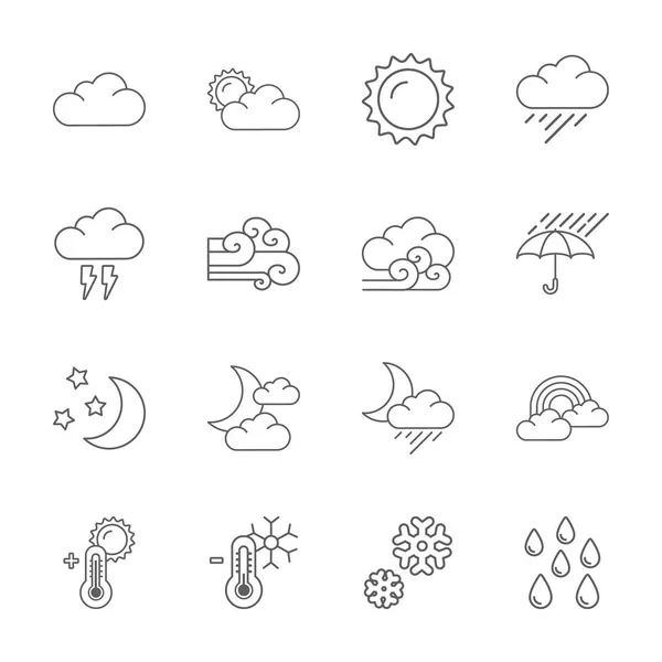 Zestien plat moderne weerpictogrammen — Stockvector