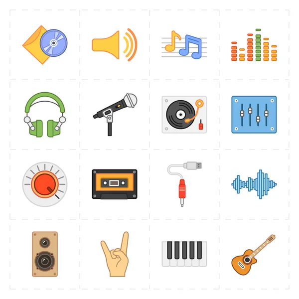 Seize icônes universelles de la musique plate — Image vectorielle