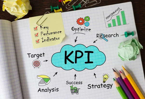 Anteckningsbok med vägtullar och anmärkningar om KPI, koncept — Stockfoto