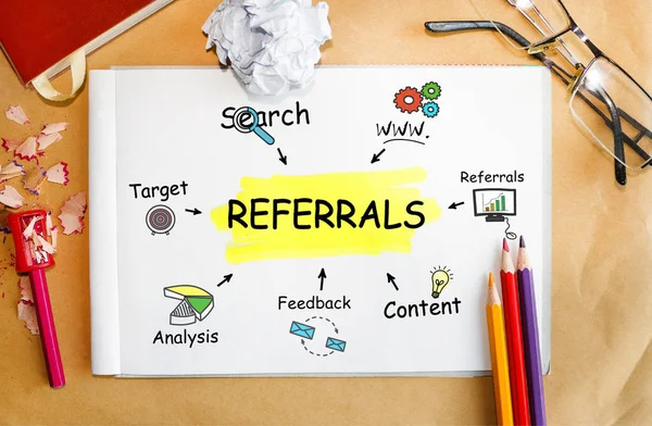 Notebook with Toolls and Notes about Referrals, concept — Stock Photo, Image