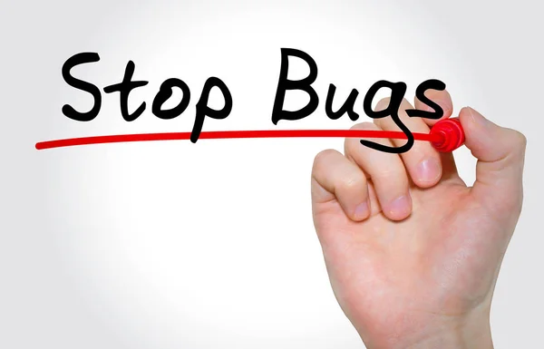Mão escrita inscrição Stop Bugs com marcador, conceito — Fotografia de Stock