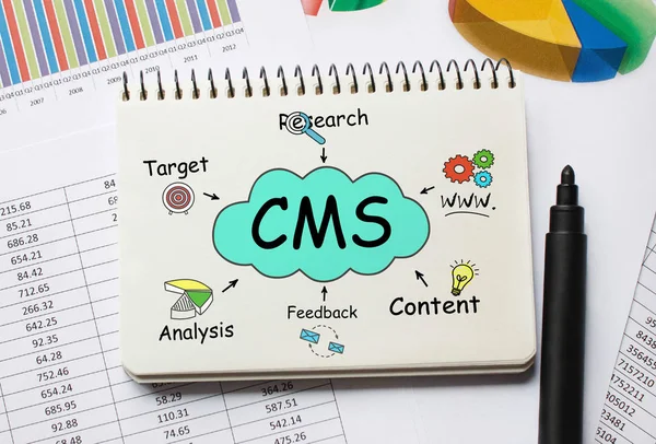 Notitieboek met tools en notities over CMS, concept — Stockfoto