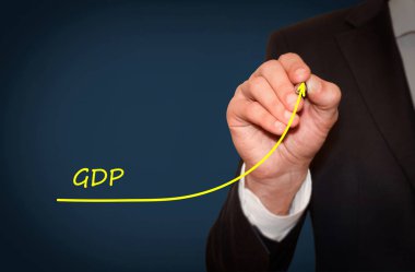 Businessman draw growing line symbolize growing GDP Gross Domestic Product clipart