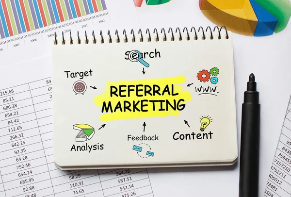 Notebook with Toolls and Notes about Referral Marketing — Stock Photo, Image