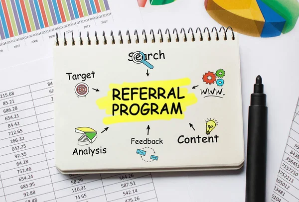 Notebook with Toolls and Notes about Referral Program — Stock Photo, Image