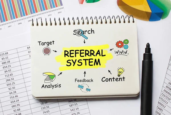 Notebook with Toolls and Notes about Referral System — Stock Photo, Image